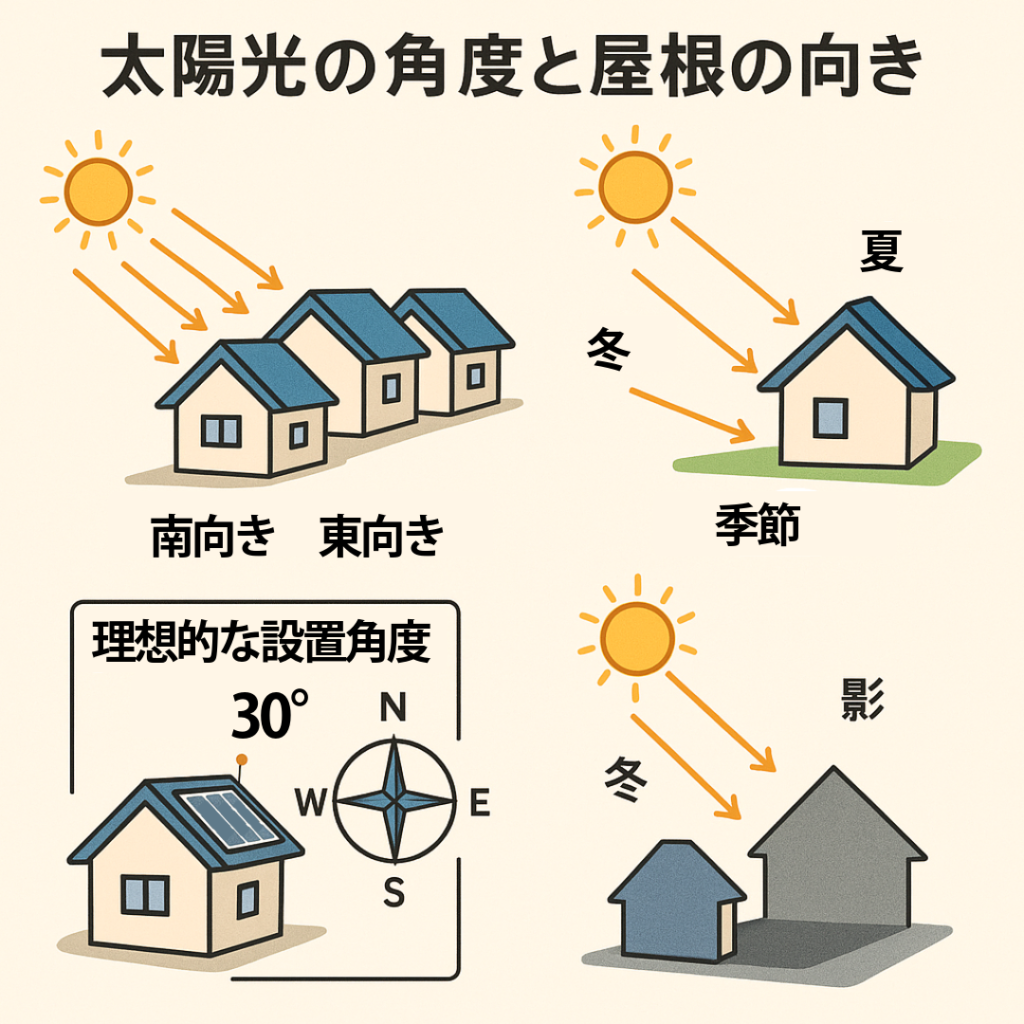 太陽熱温水器　イラスト　太陽光の買う°　屋根の向き　屋根　方位　影