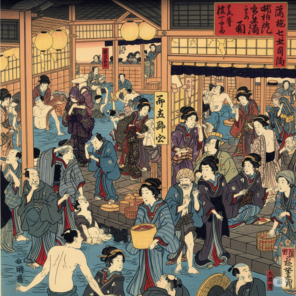 江戸時代の賑やかな銭湯の様子を描いた浮世絵