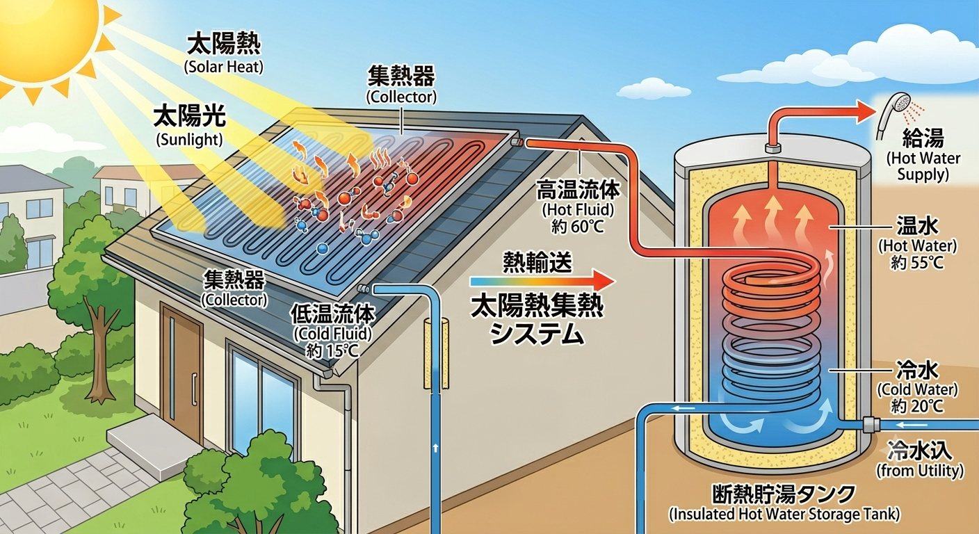 太陽熱が集熱パネルで集められタンク内の水が温まる様子の図解