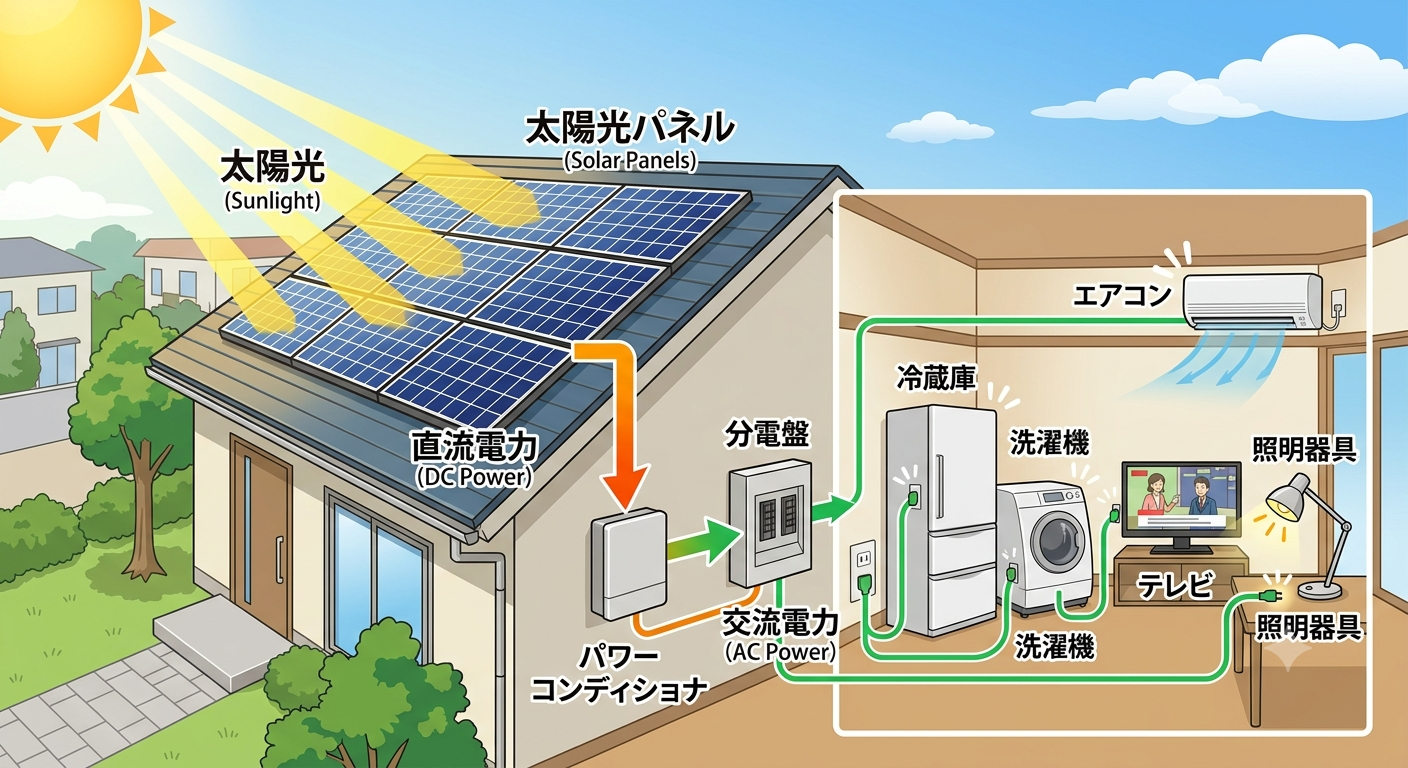 太陽光がパネルに当たり家電に電力が供給されている図解