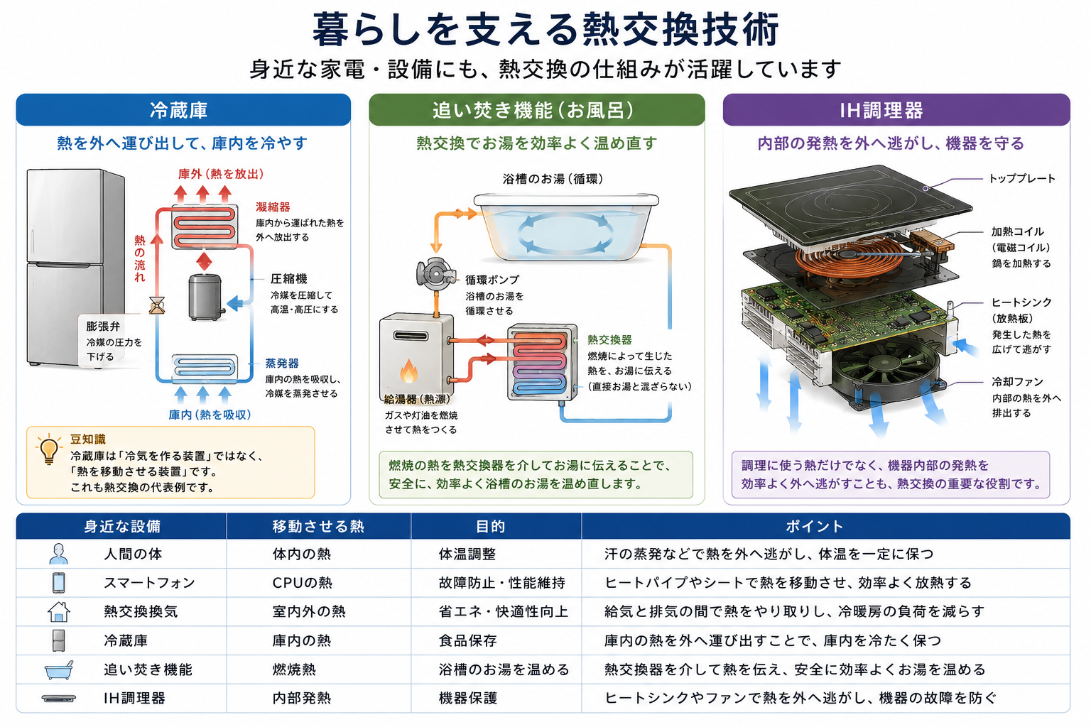 冷蔵庫・追い焚き・IH調理器のイラストを並べた比較図